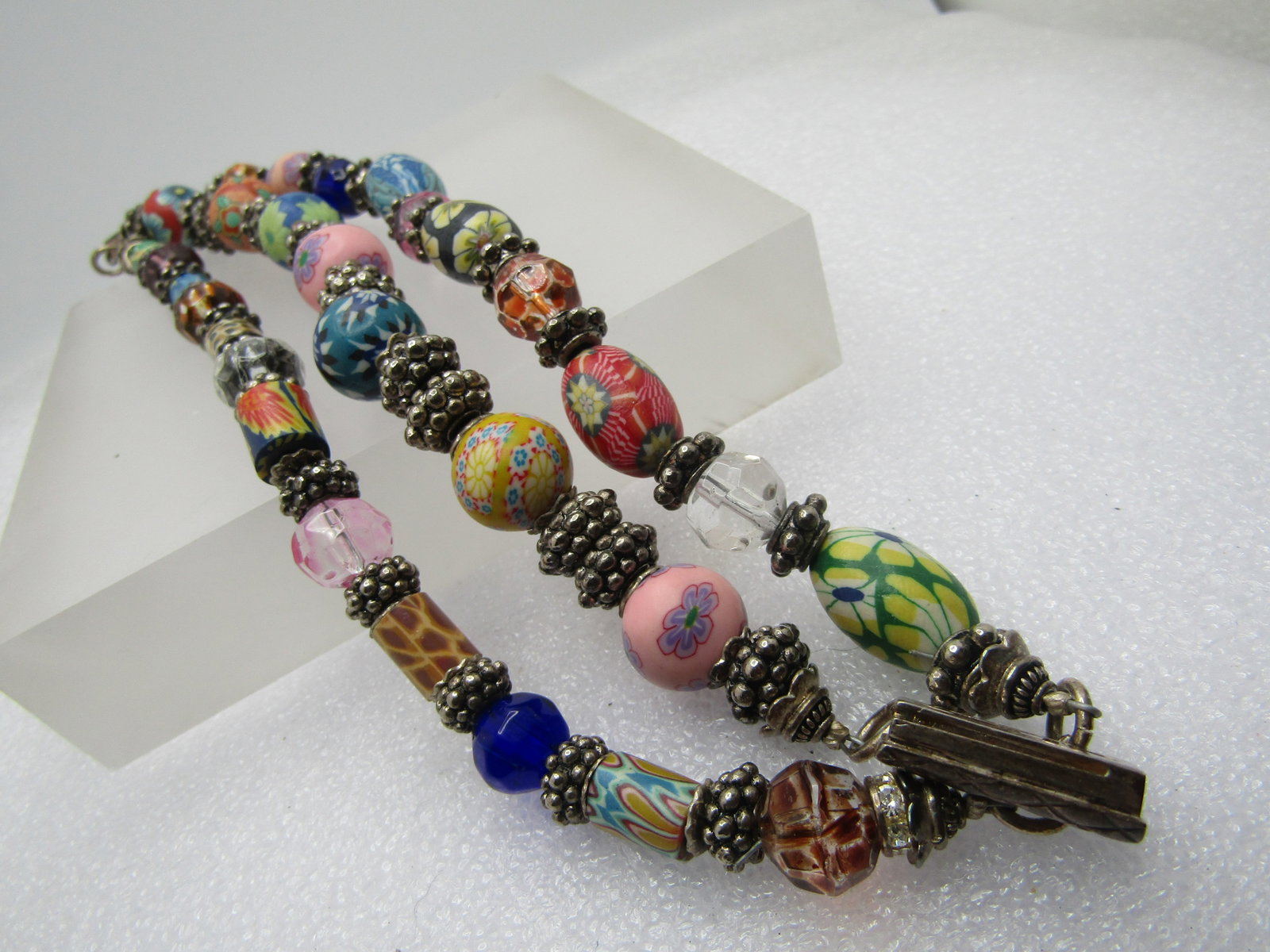 Vintage Sterling Triple Strand Floral, Glass, Crystal Beaded Bracelet, 8" - 3