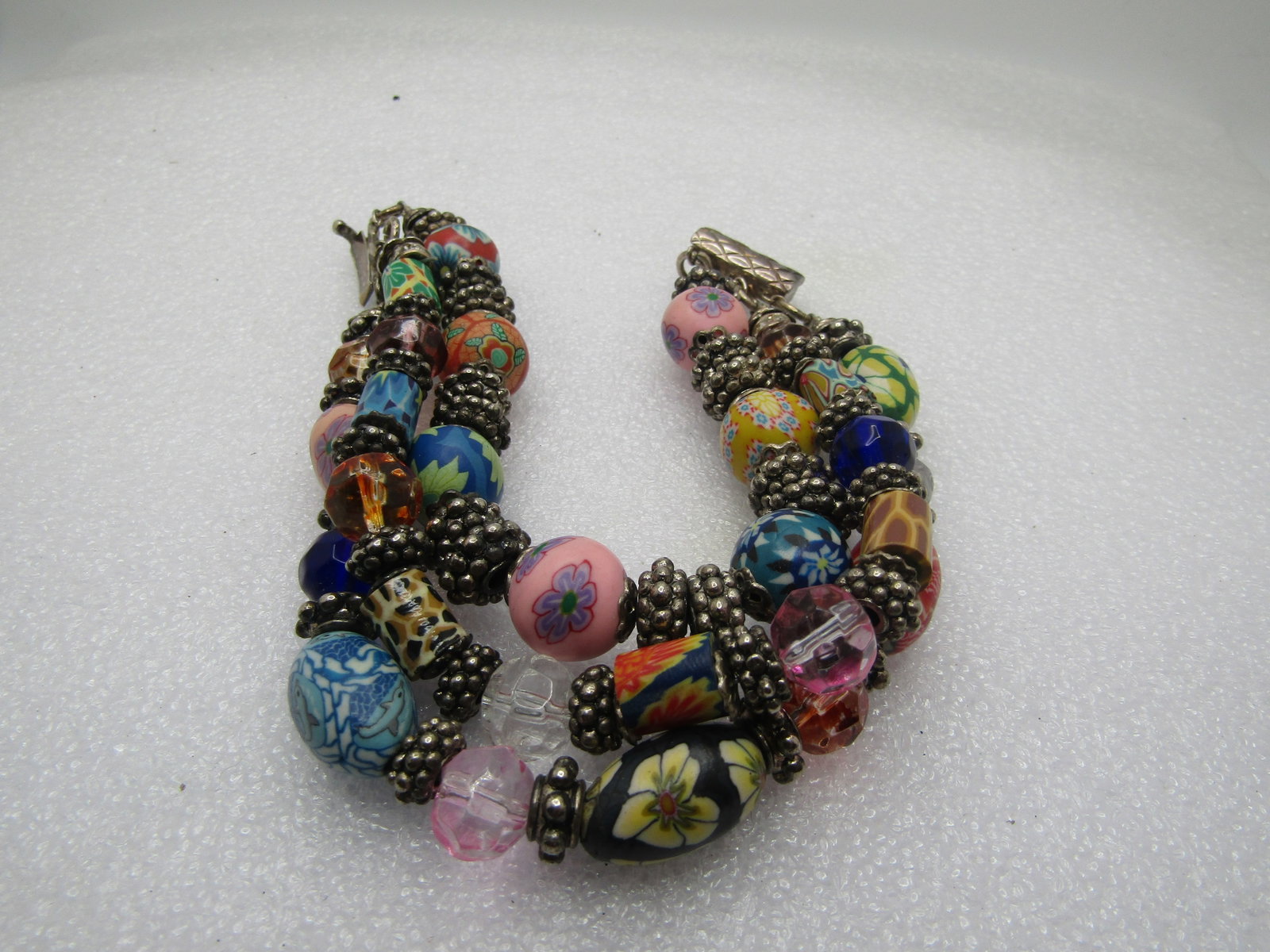 Vintage Sterling Triple Strand Floral, Glass, Crystal Beaded Bracelet, 8" - 4