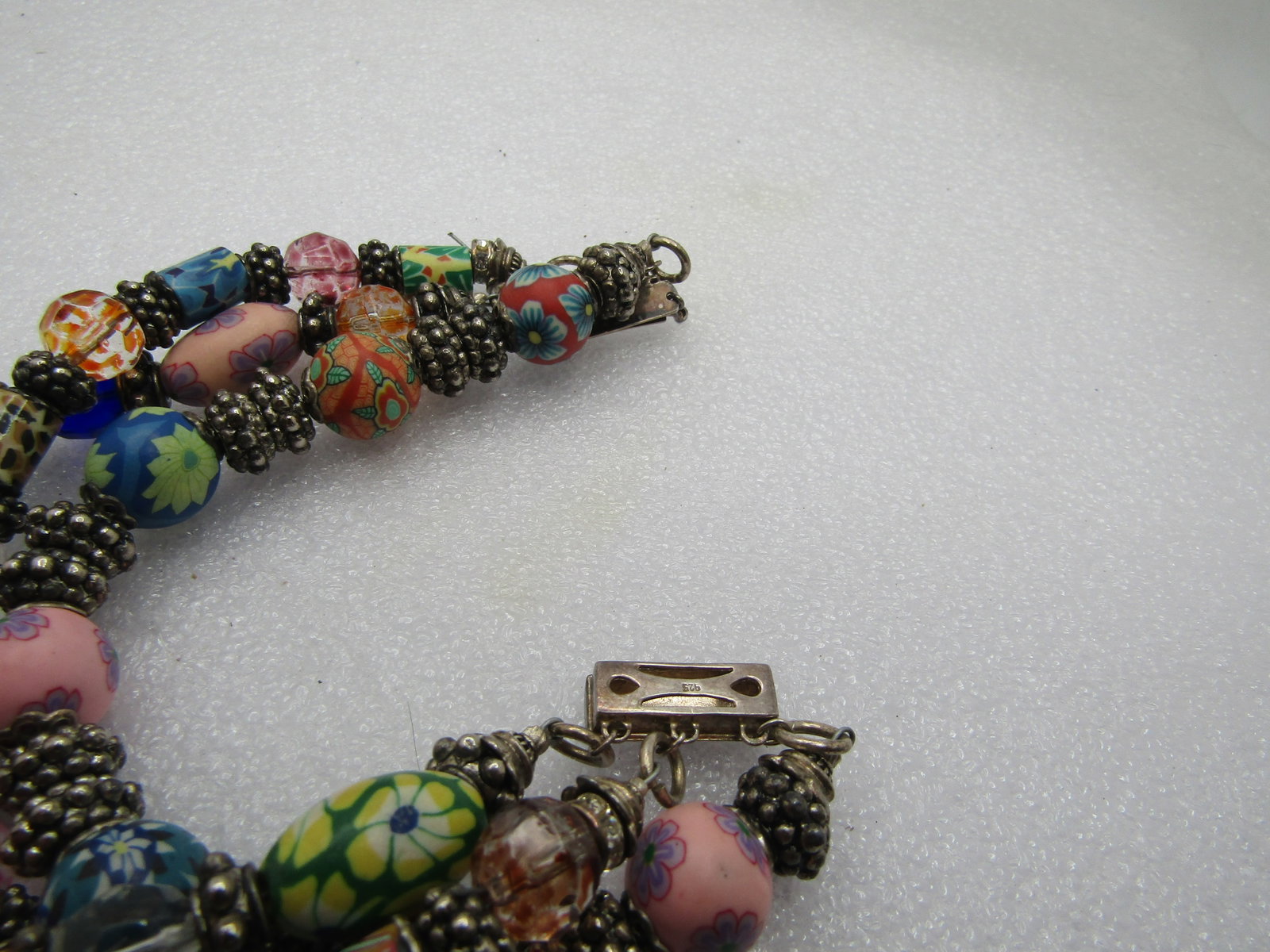 Vintage Sterling Triple Strand Floral, Glass, Crystal Beaded Bracelet, 8" - 5