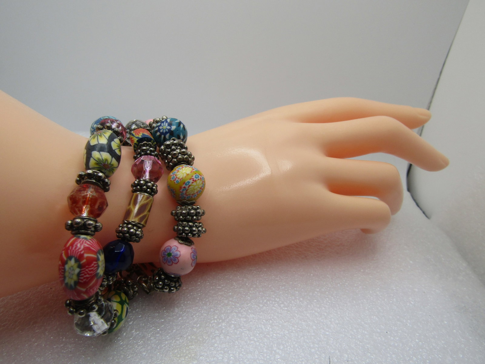 Vintage Sterling Triple Strand Floral, Glass, Crystal Beaded Bracelet, 8" - 6