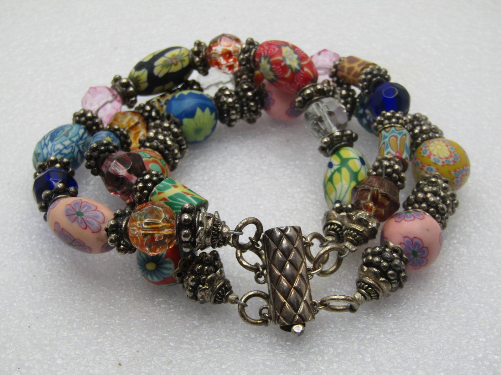 Vintage Sterling Triple Strand Floral, Glass, Crystal Beaded Bracelet, 8" - 7