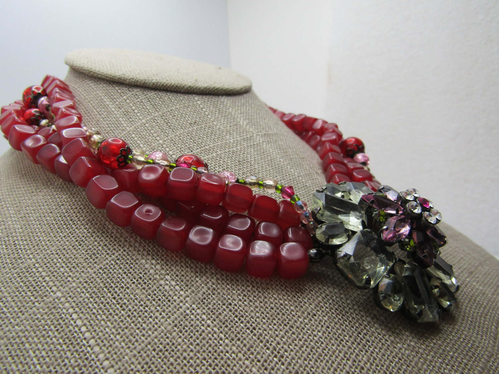 Vintage Five Strand Beaded Necklace, Rhinestone Pendant, 16"-10", 1980's-1990's, Avon. - 2