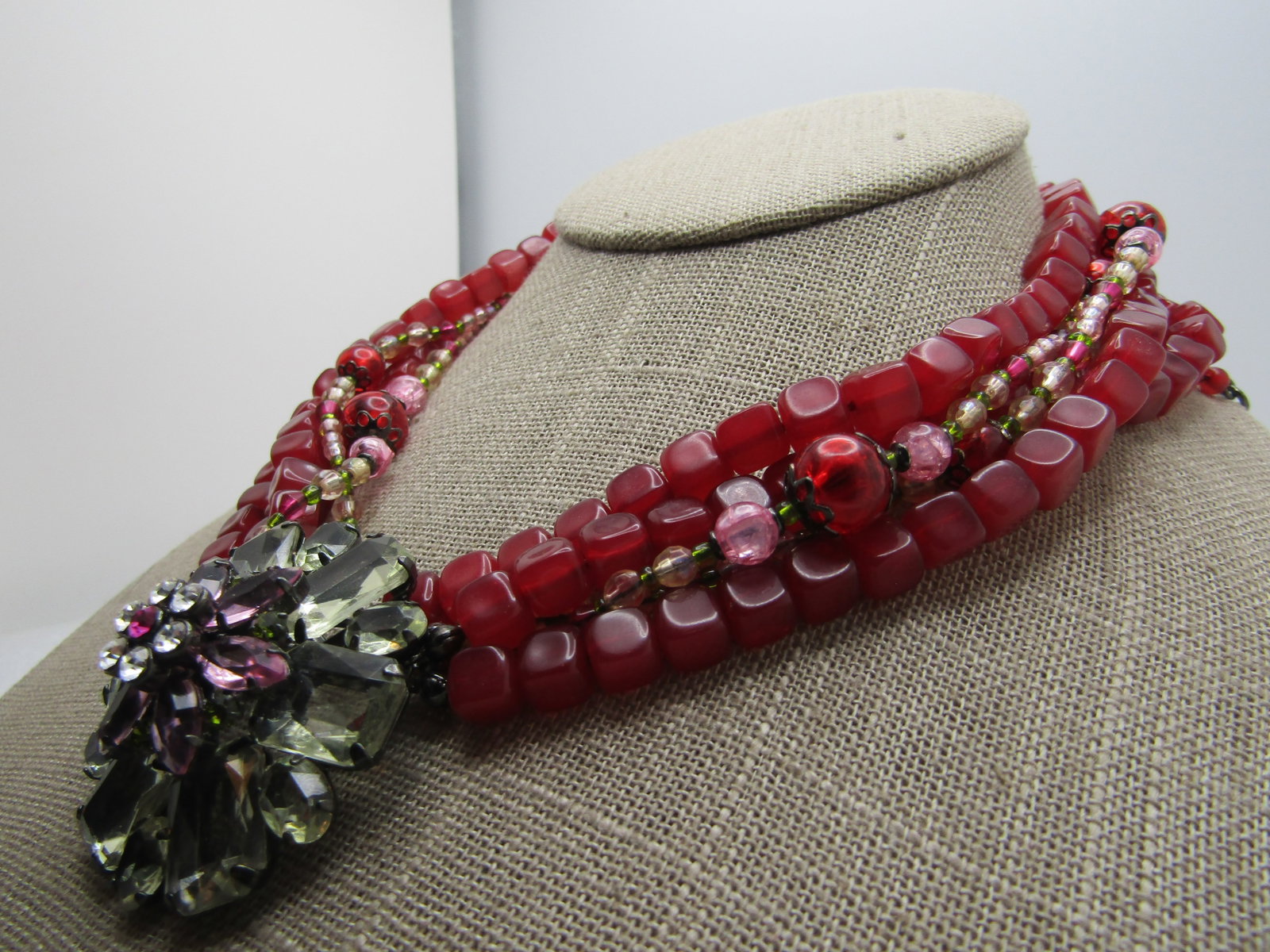 Vintage Five Strand Beaded Necklace, Rhinestone Pendant, 16"-10", 1980's-1990's, Avon. - 3