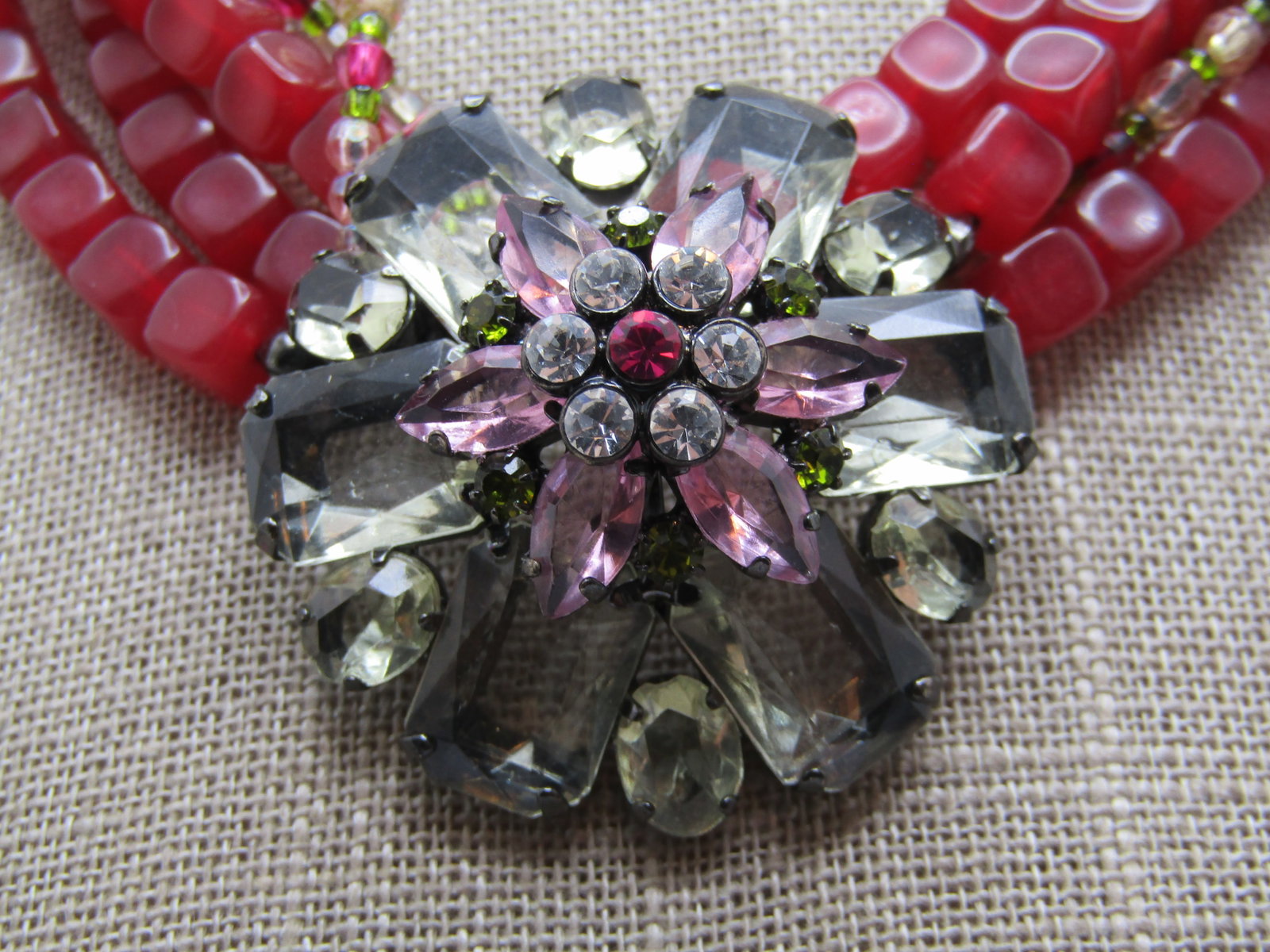Vintage Five Strand Beaded Necklace, Rhinestone Pendant, 16"-10", 1980's-1990's, Avon. - 4