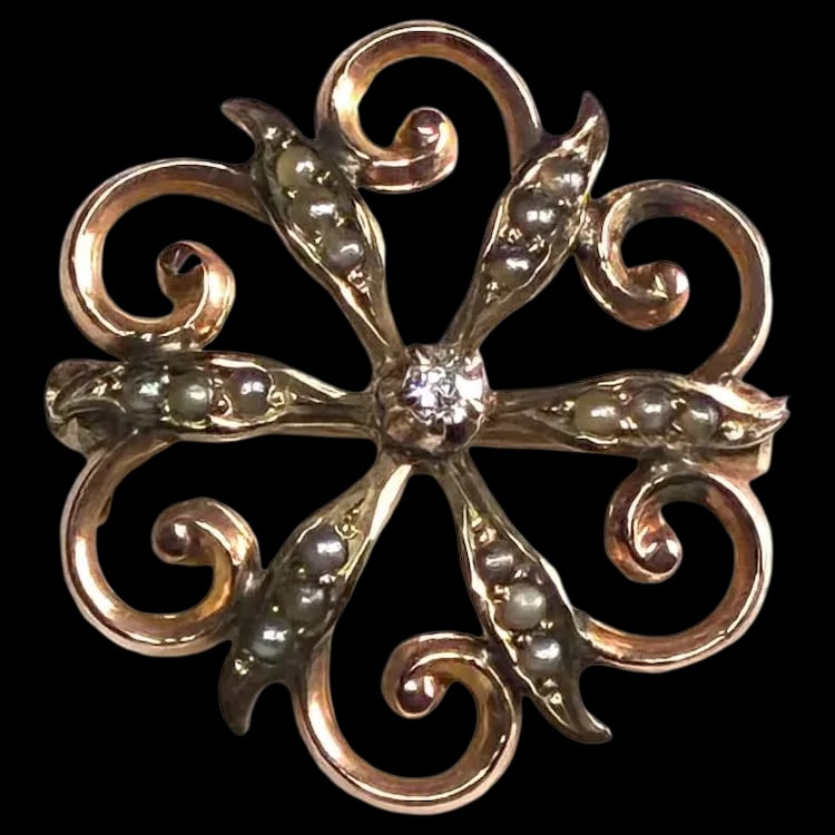 Victorian 10k Gold Diamond Seed Pearl Brooch: Title: Victorian 10k Gold Diamond Seed Pearl Brooch Description: Victorian 10k Gold Diamond Seed Pearl Brooch. Hallmarked: 10k . Weighs: 2.1 grams. Measures: 1 x 1 inch Date/Period: Antique-Victorian