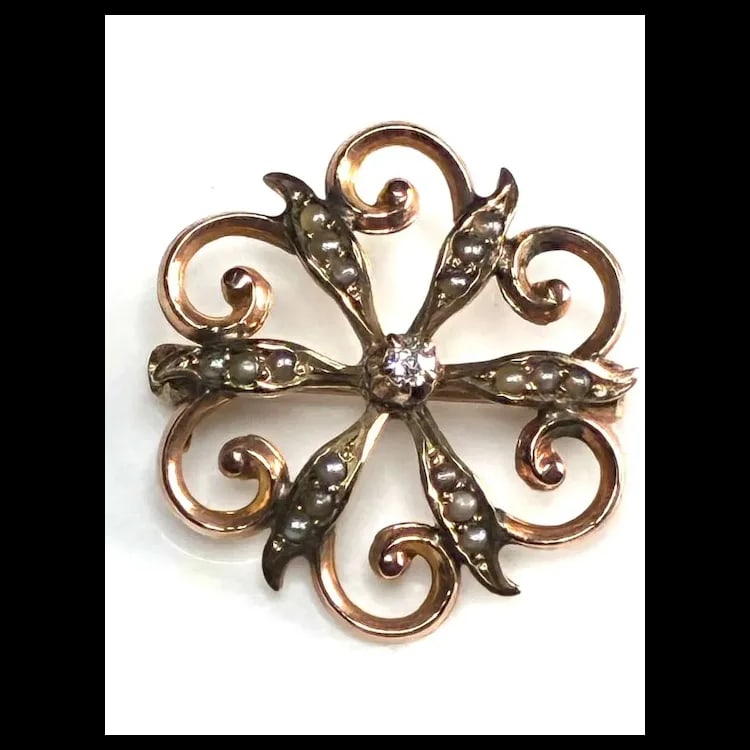 Victorian 10k Gold Diamond Seed Pearl Brooch - 2