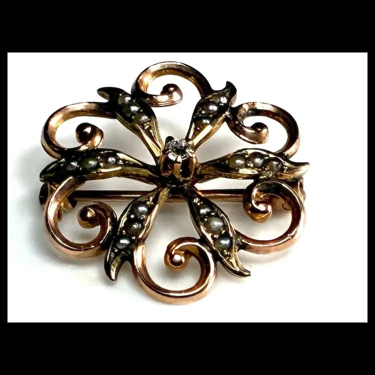 Victorian 10k Gold Diamond Seed Pearl Brooch - 3