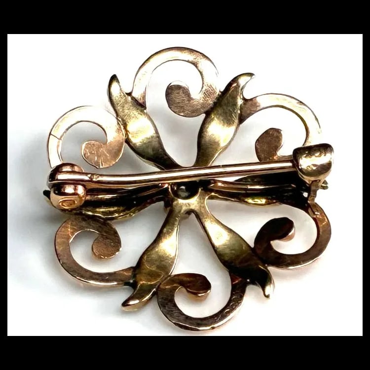 Victorian 10k Gold Diamond Seed Pearl Brooch - 4
