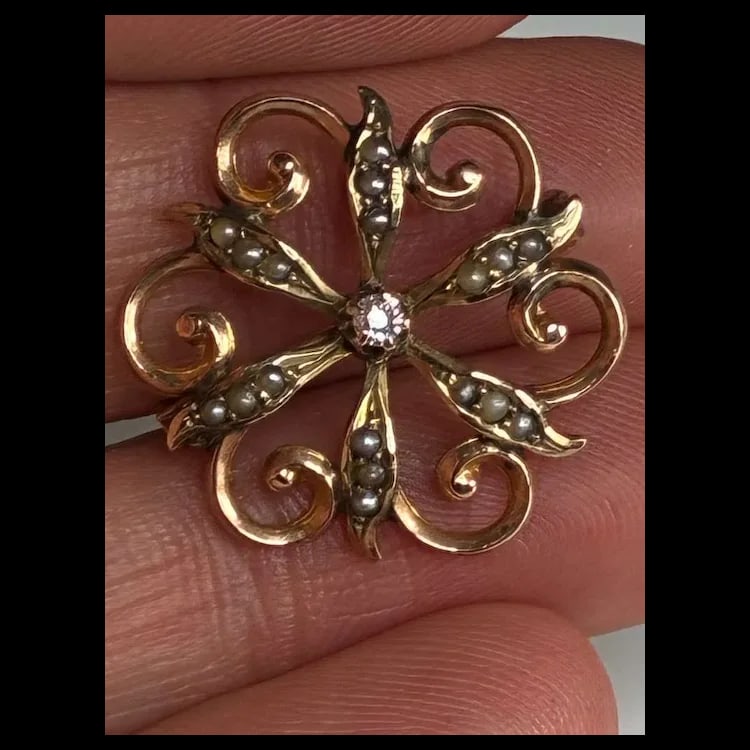 Victorian 10k Gold Diamond Seed Pearl Brooch - 6