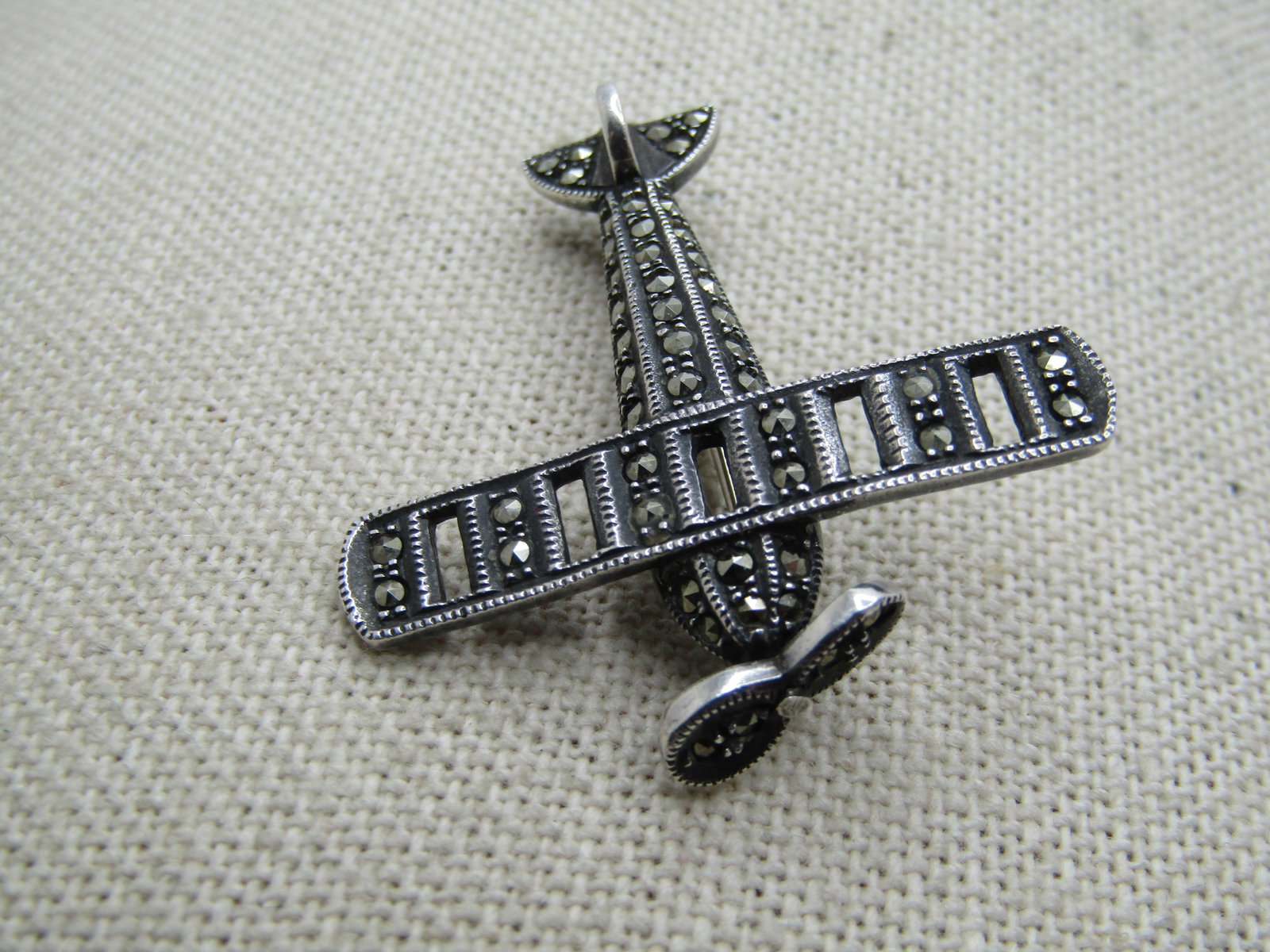 Vintage Sterling Marcasite Airplane Brooch, 1980's, Signed (1 of 5)