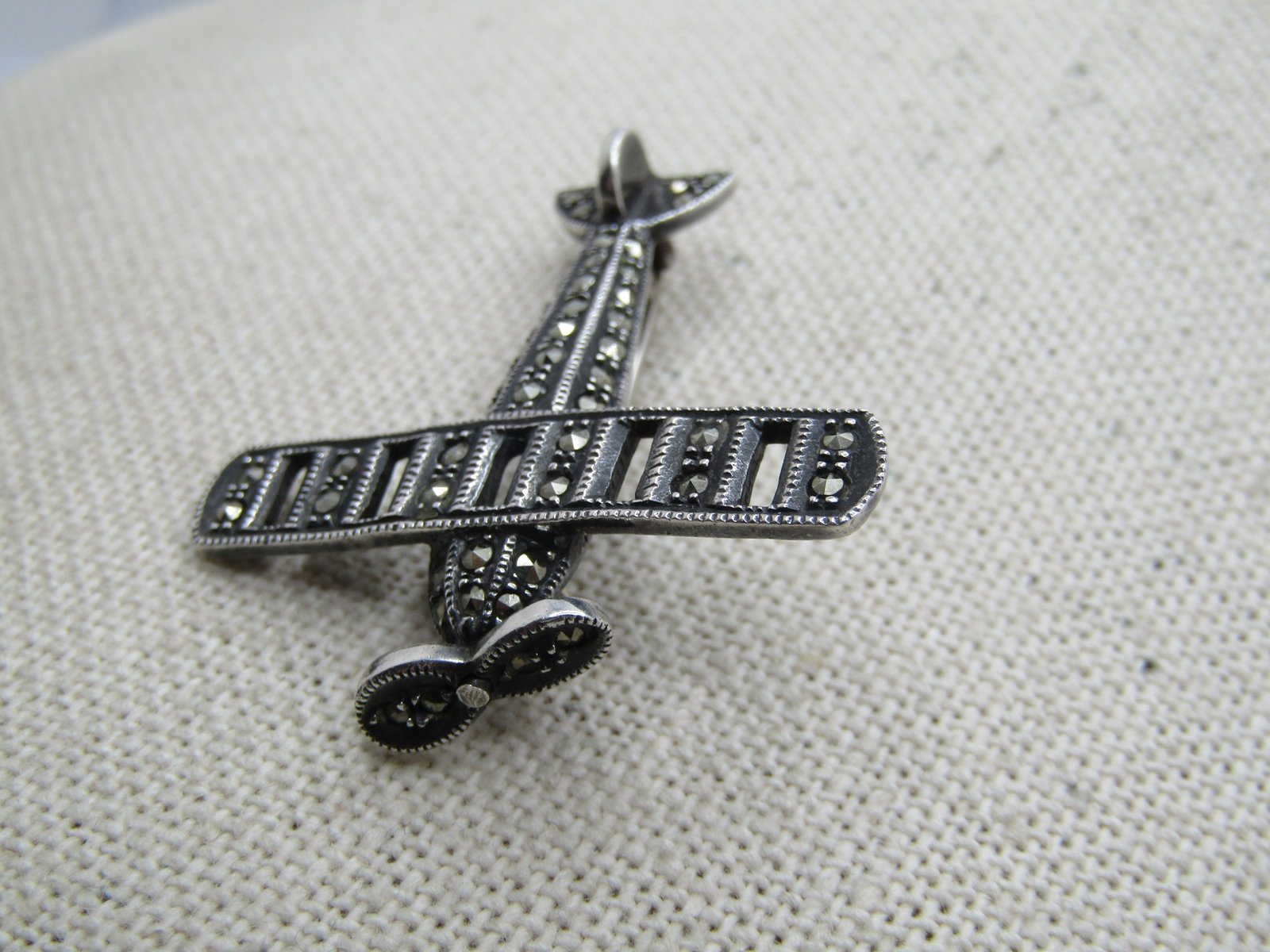 Vintage Sterling Marcasite Airplane Brooch, 1980's, Signed - 2