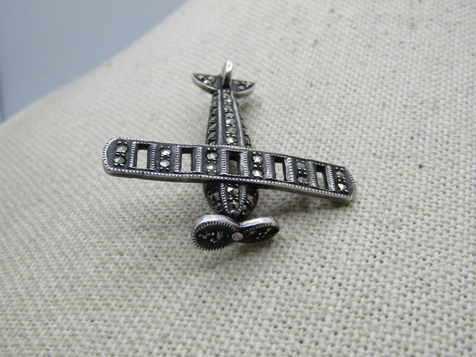 Vintage Sterling Marcasite Airplane Brooch, 1980's, Signed - 3