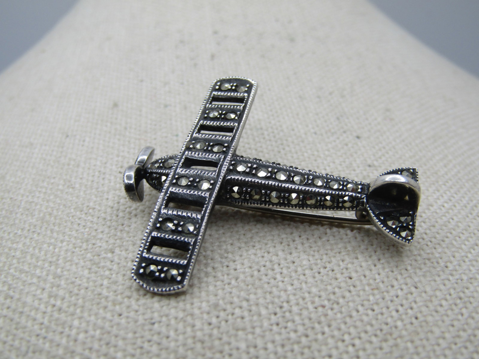 Vintage Sterling Marcasite Airplane Brooch, 1980's, Signed - 4