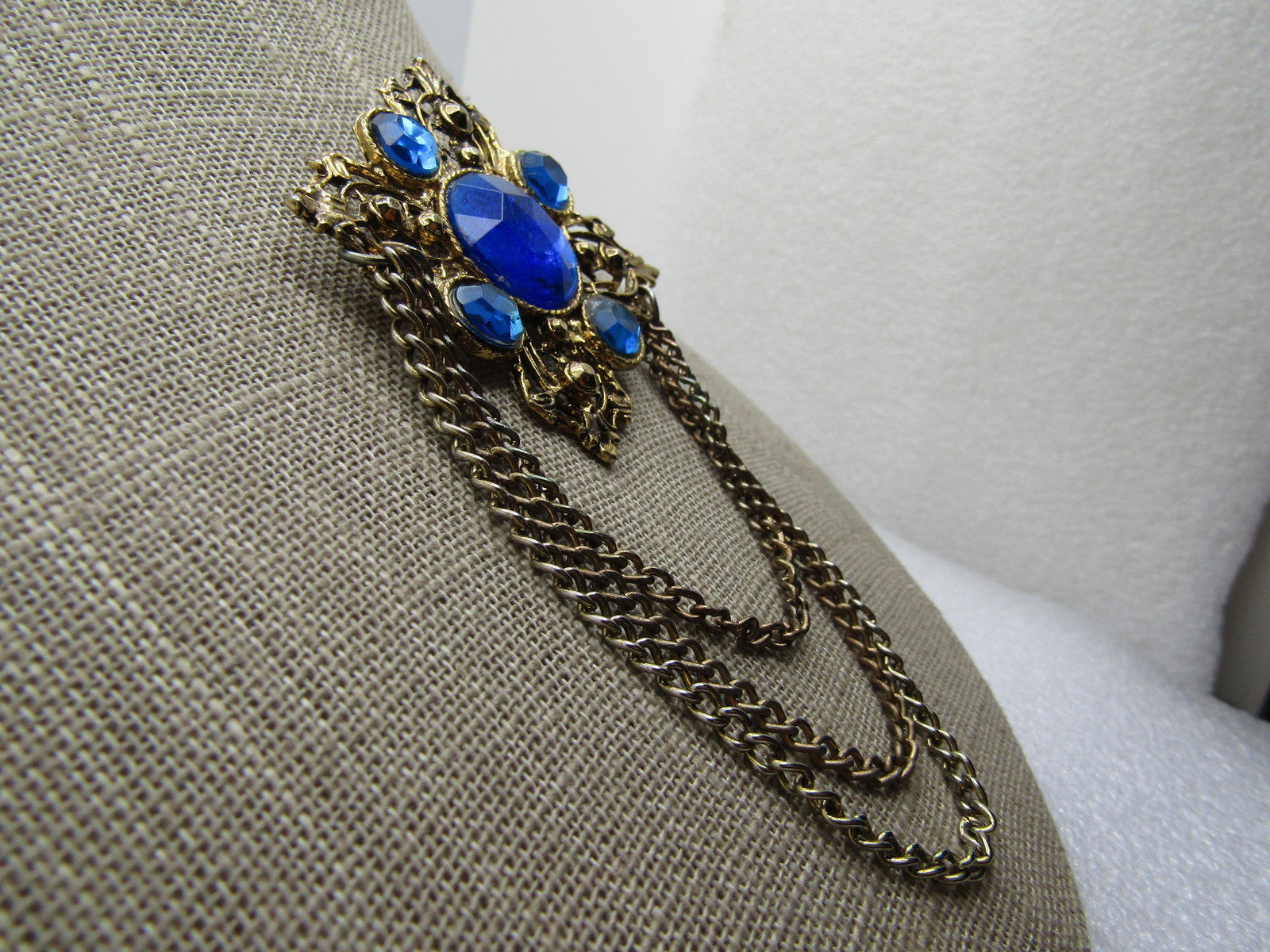 Vintage Blue Rhinestone Brooch, Chain Dangles, 4.5" by 2", 1980's. - 2