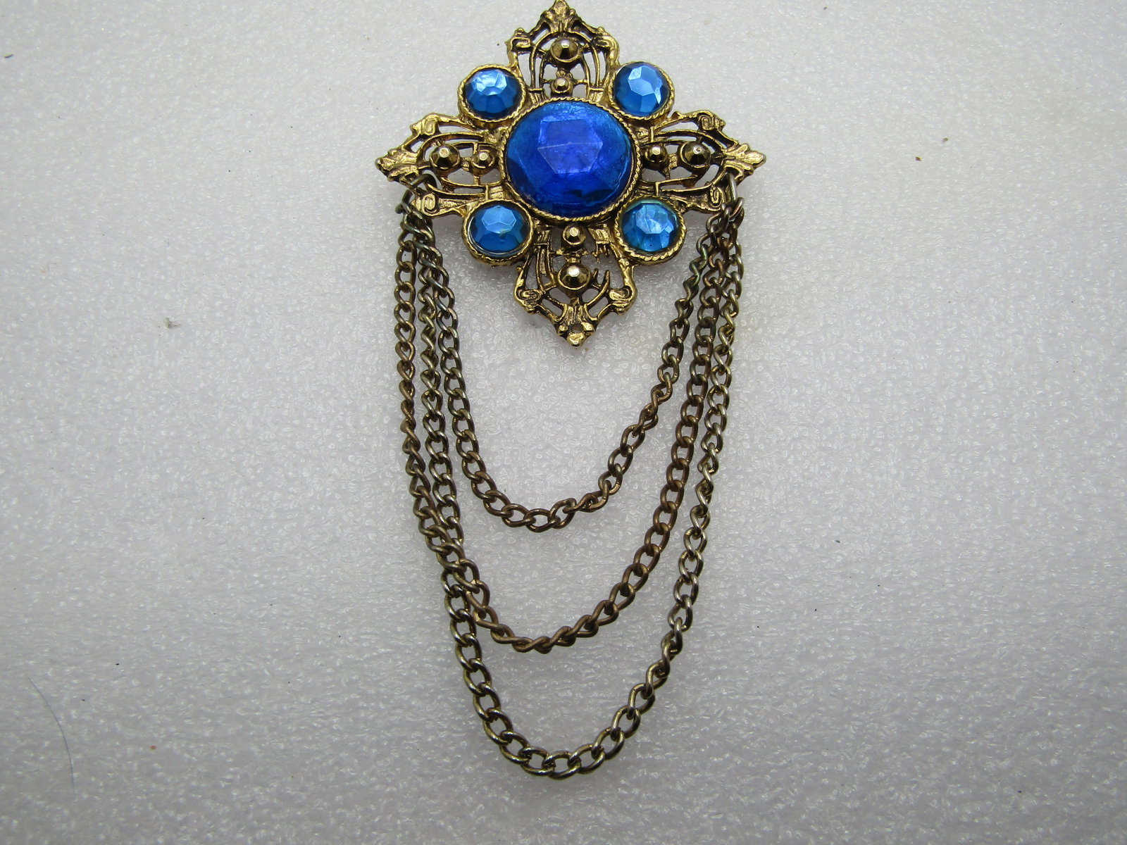 Vintage Blue Rhinestone Brooch, Chain Dangles, 4.5" by 2", 1980's. - 4