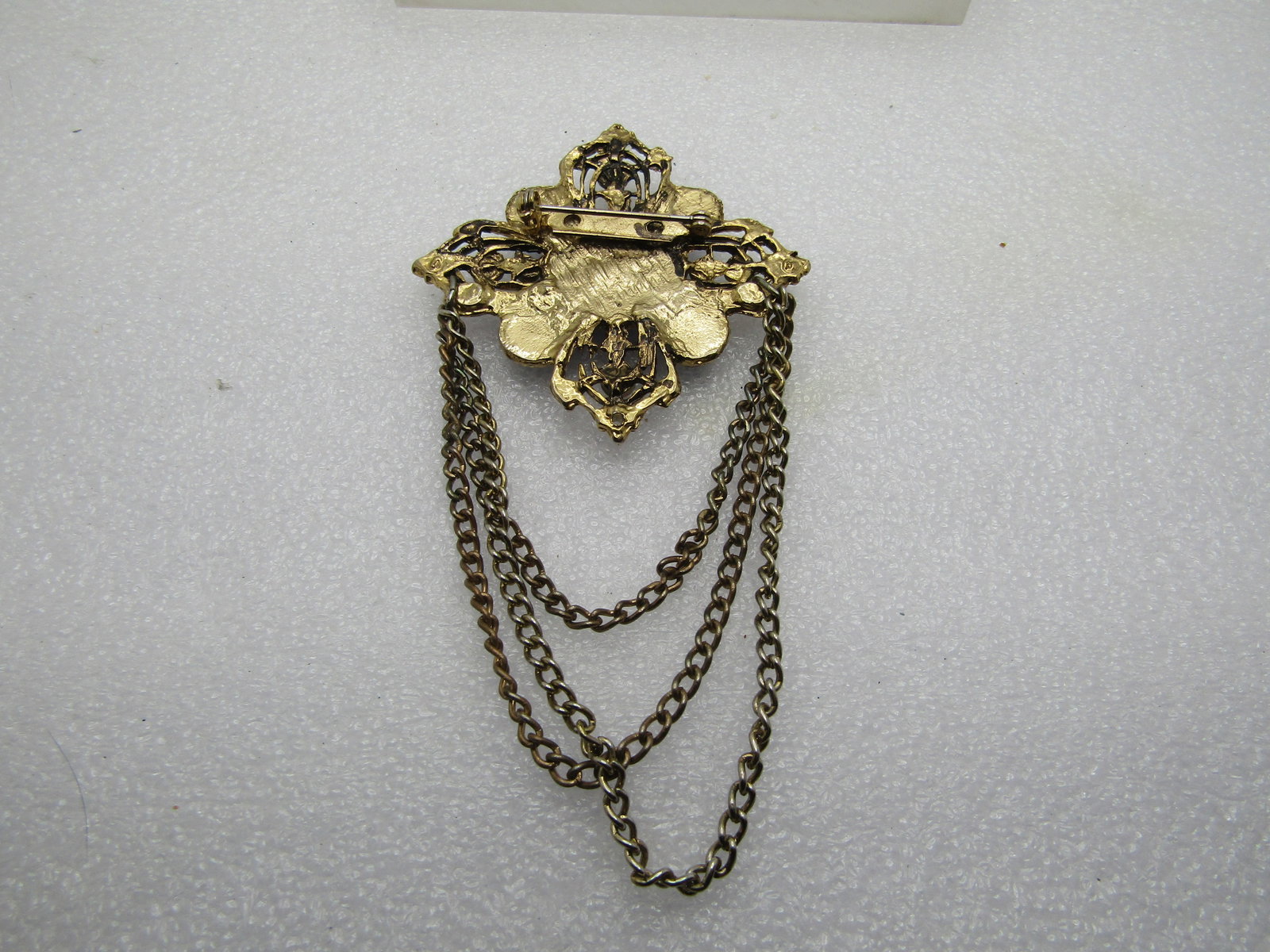 Vintage Blue Rhinestone Brooch, Chain Dangles, 4.5" by 2", 1980's. - 5
