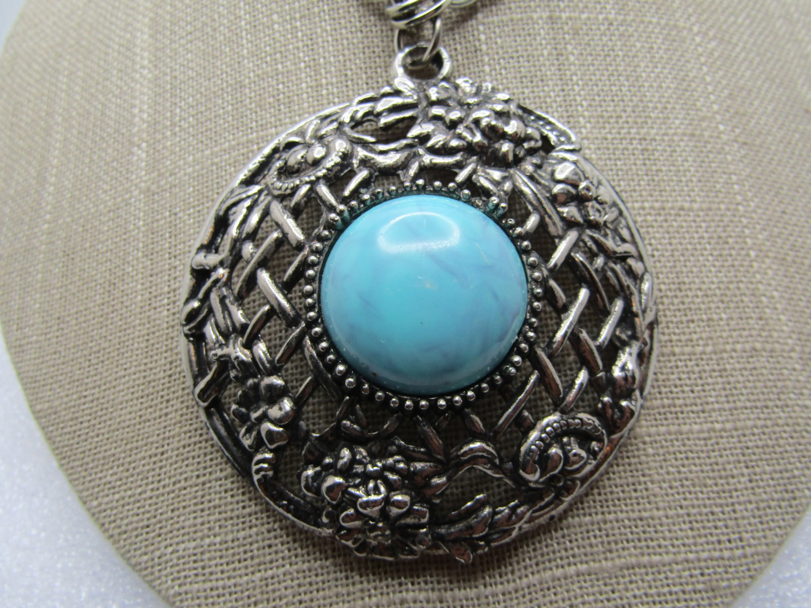 Vintage Faux Turquoise Medallion Necklace, 16"-19" Chunky, 1970's-1980's - 4