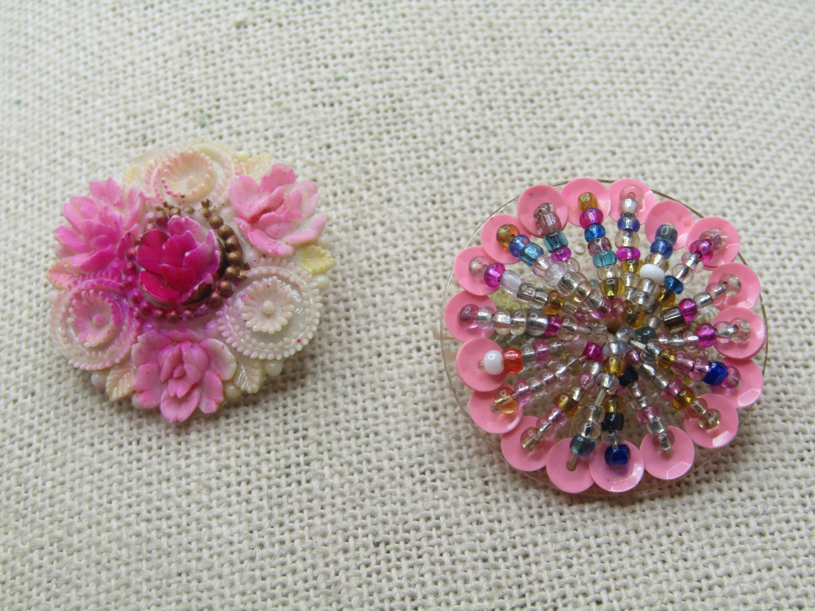 Vintage Celluoid Floral & Beaded Brooch Lot, 2 Pc. 1940's-1950's - 2