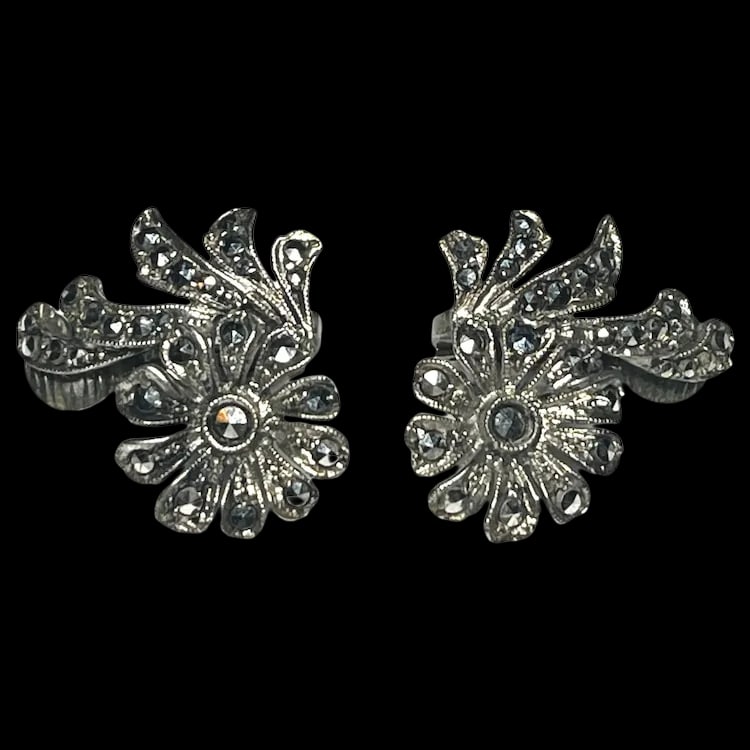Vintage Sterling Silver & Marcasite Floral Clip Earrings (1 of 8)