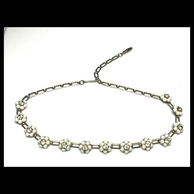 Vintage Milk White Early Plastic Flowers and Rhinestone Necklace (1 of 5)
