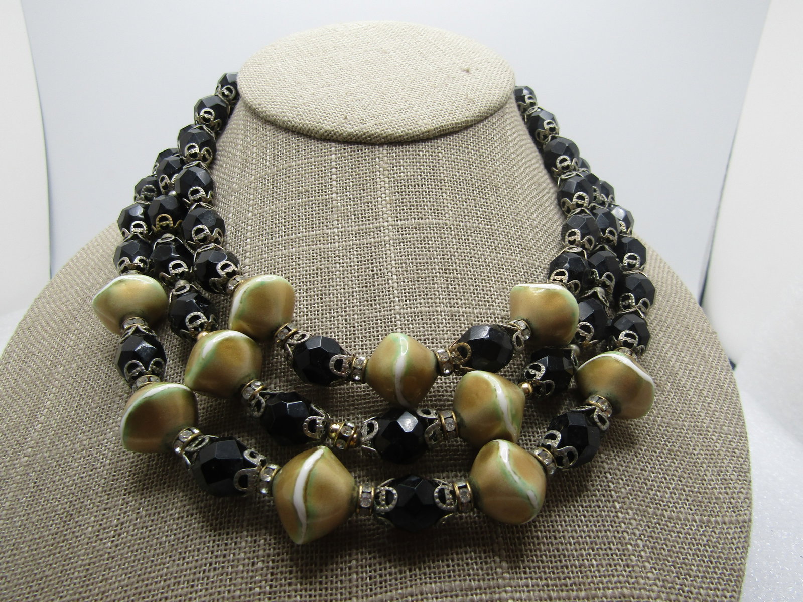 Vintage Black Glass and Gold Beaded Neckace, Triple Strand, 1940's-1950's, 18" (1 of 4)