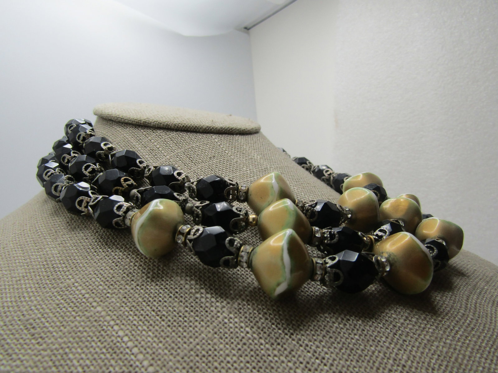 Vintage Black Glass and Gold Beaded Neckace, Triple Strand, 1940's-1950's, 18" - 2