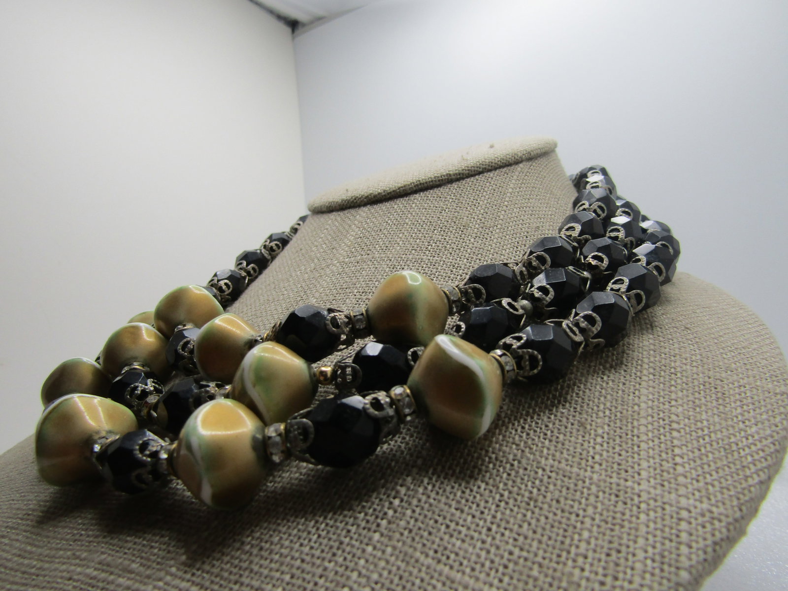 Vintage Black Glass and Gold Beaded Neckace, Triple Strand, 1940's-1950's, 18" - 3