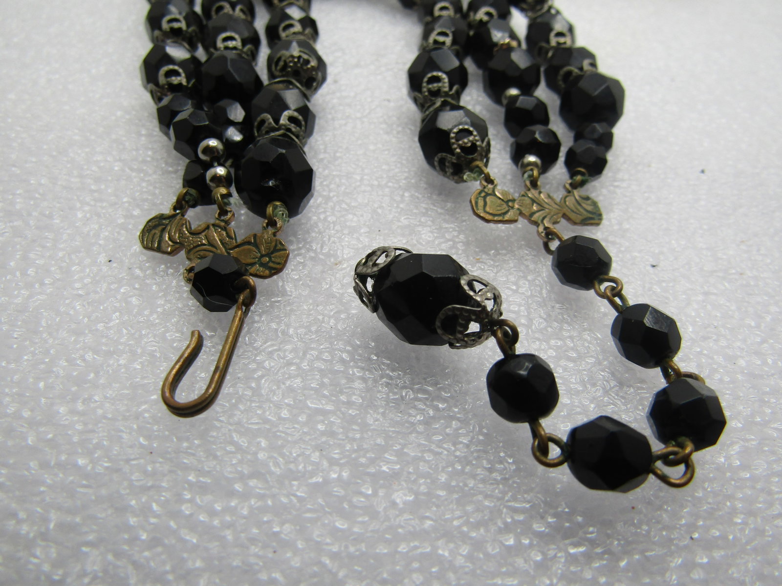 Vintage Black Glass and Gold Beaded Neckace, Triple Strand, 1940's-1950's, 18" - 4