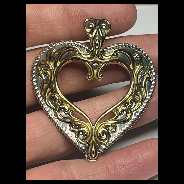 Carolyn Pollack Sterling Silver & Brass Filigree Heart Pendant Enhancer - 8