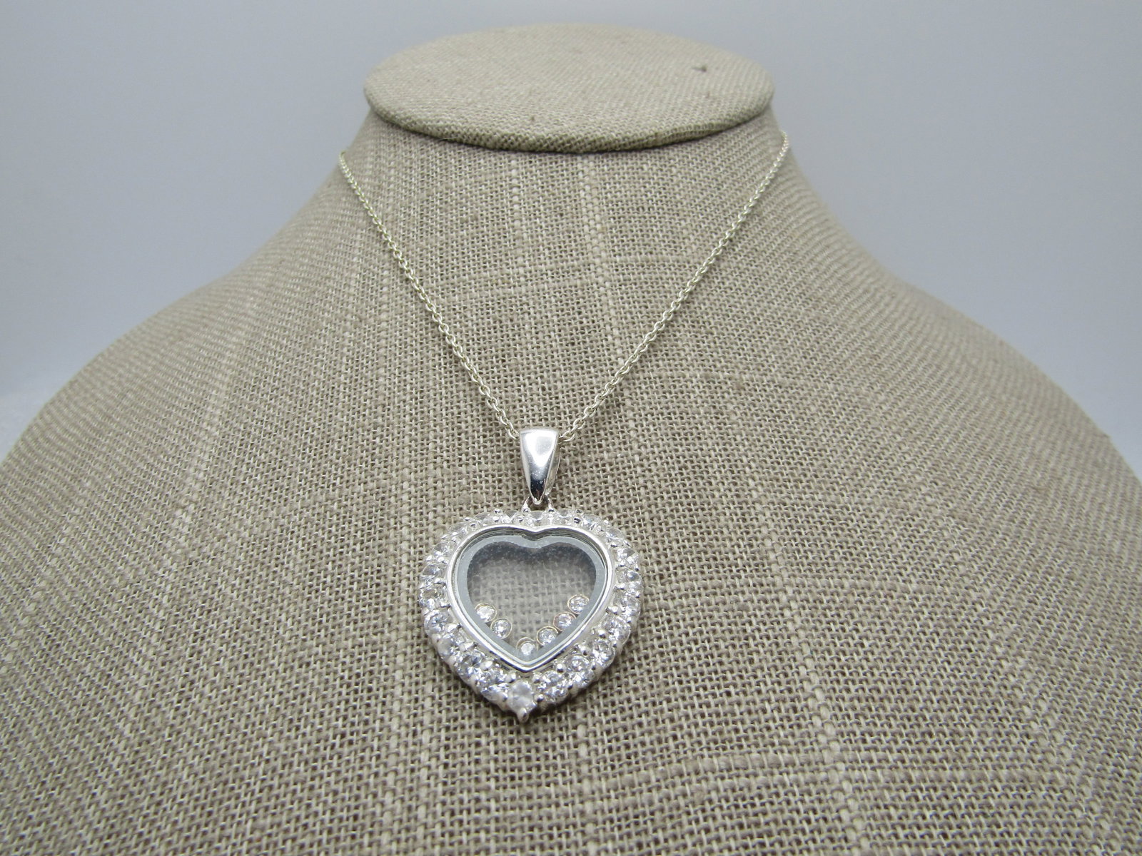 Marked Sterling Heart Rhinestone Necklace, 18", 1990's, Signed - 2
