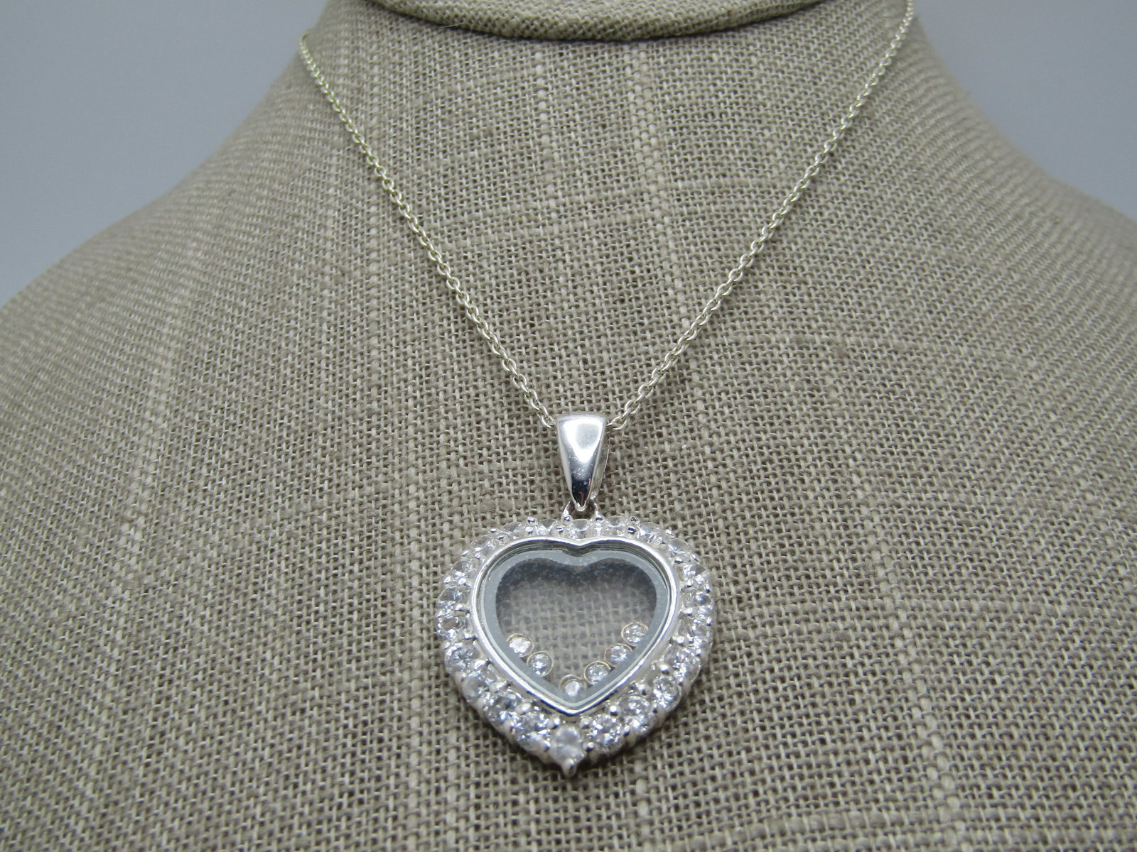 Marked Sterling Heart Rhinestone Necklace, 18", 1990's, Signed - 3