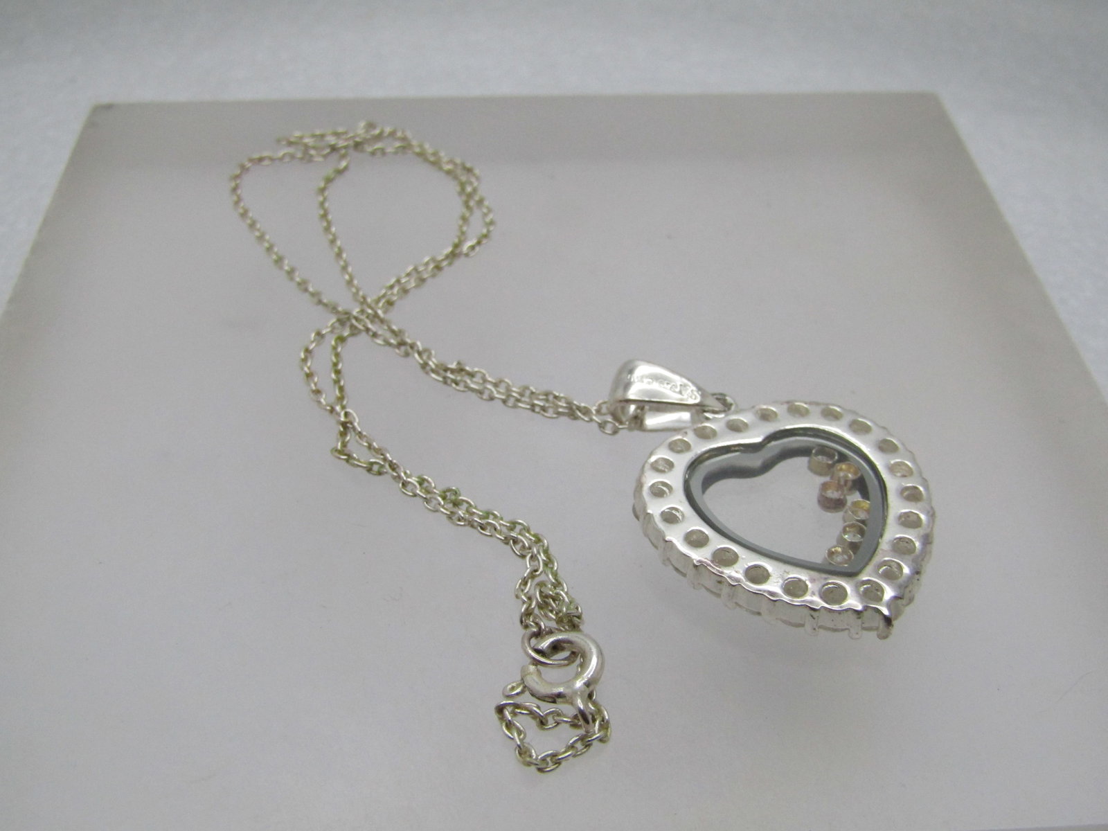 Marked Sterling Heart Rhinestone Necklace, 18", 1990's, Signed - 5