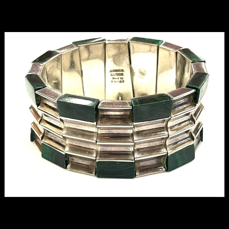 Heavy Vintage Monteros Mexico Sterling Silver & Malachite Bracelet - 2