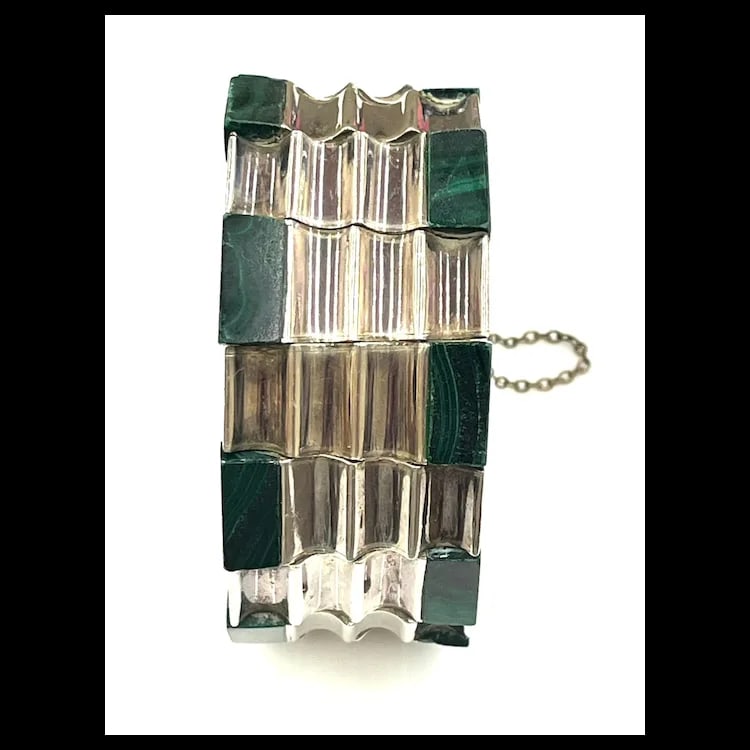 Heavy Vintage Monteros Mexico Sterling Silver & Malachite Bracelet - 3