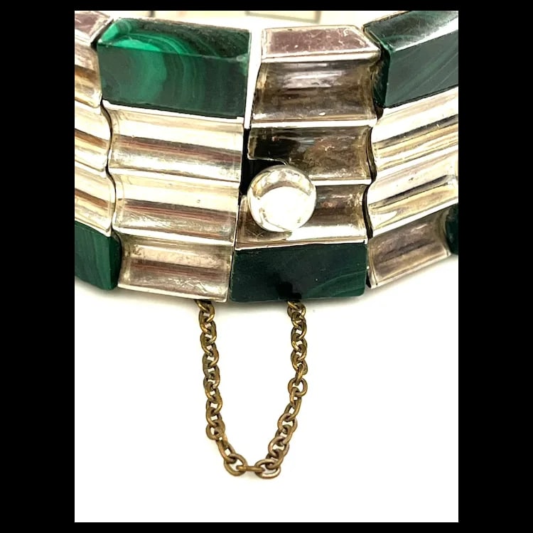 Heavy Vintage Monteros Mexico Sterling Silver & Malachite Bracelet - 4