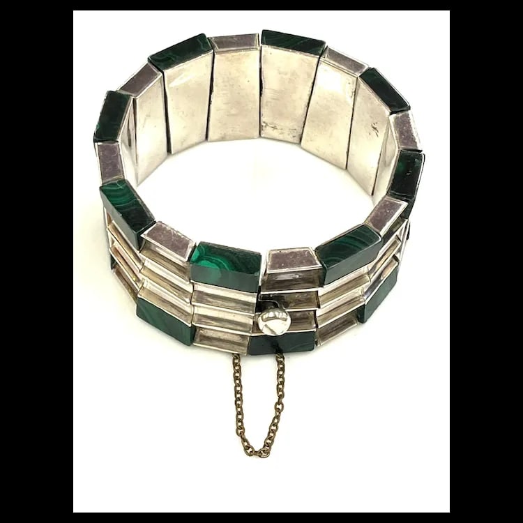 Heavy Vintage Monteros Mexico Sterling Silver & Malachite Bracelet - 5