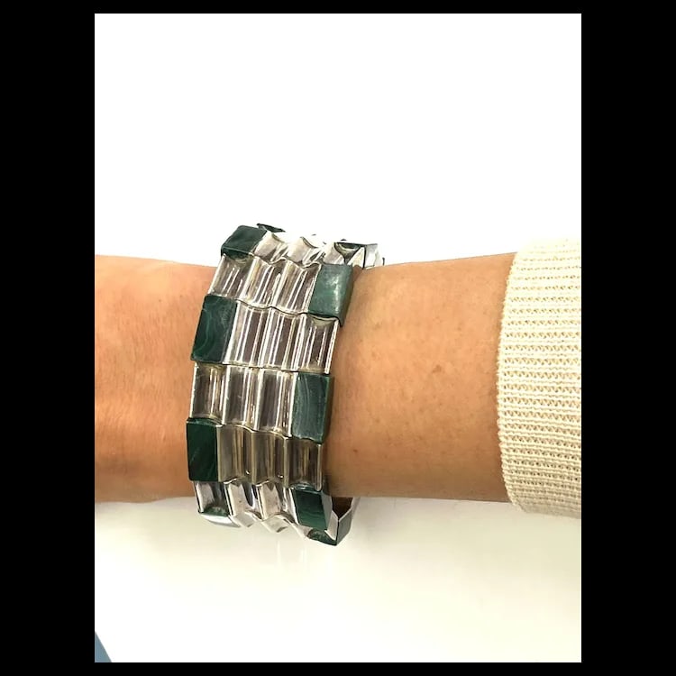 Heavy Vintage Monteros Mexico Sterling Silver & Malachite Bracelet - 7