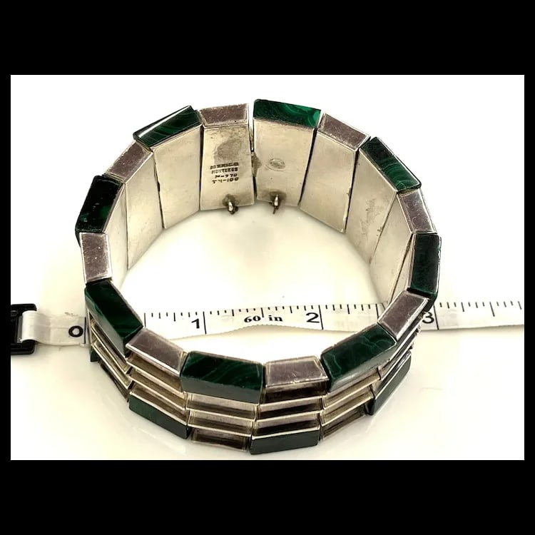 Heavy Vintage Monteros Mexico Sterling Silver & Malachite Bracelet - 8