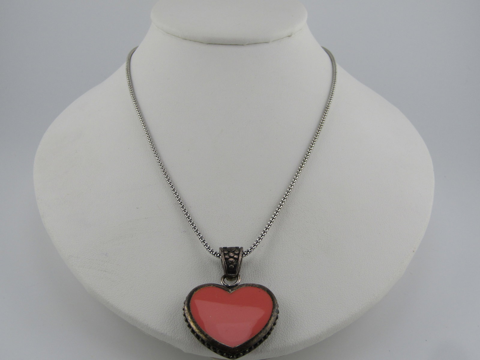 Vintage Sterling Two-Sided Heart Necklace, 18" , 1980's: Title: Vintage Sterling Two-Sided Heart Necklace, 18" , 1980's Description: Vintage Sterling Two-Sided Heart Necklace, 18" , 1980's. The heart has inlaid mother-of-pwearl on one side and orange enamel