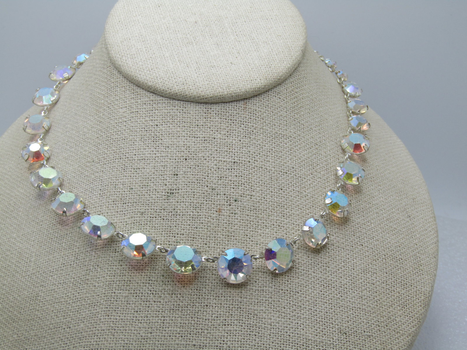 Vintage Clear Aurora Borealis Crystal Necklace, 16", 1940's-1950's, Graduated (1 of 9)