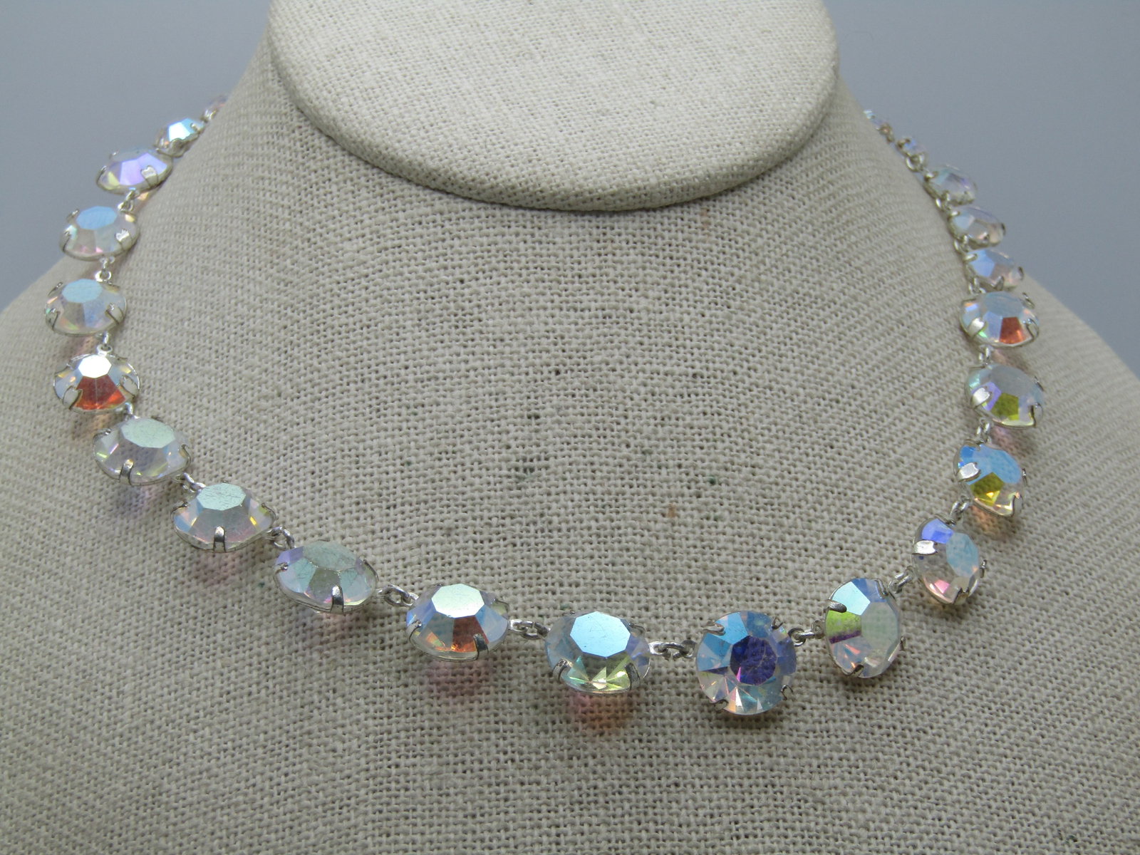 Vintage Clear Aurora Borealis Crystal Necklace, 16", 1940's-1950's, Graduated - 2