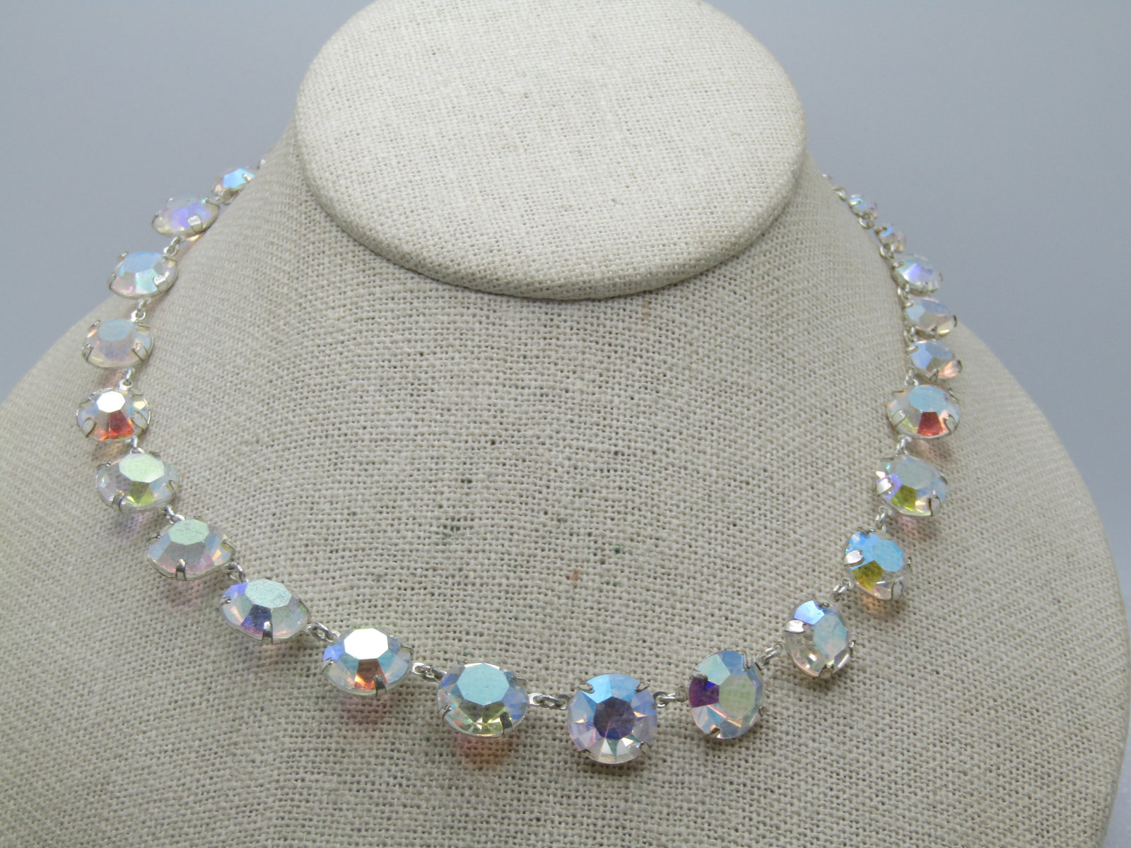 Vintage Clear Aurora Borealis Crystal Necklace, 16", 1940's-1950's, Graduated - 3