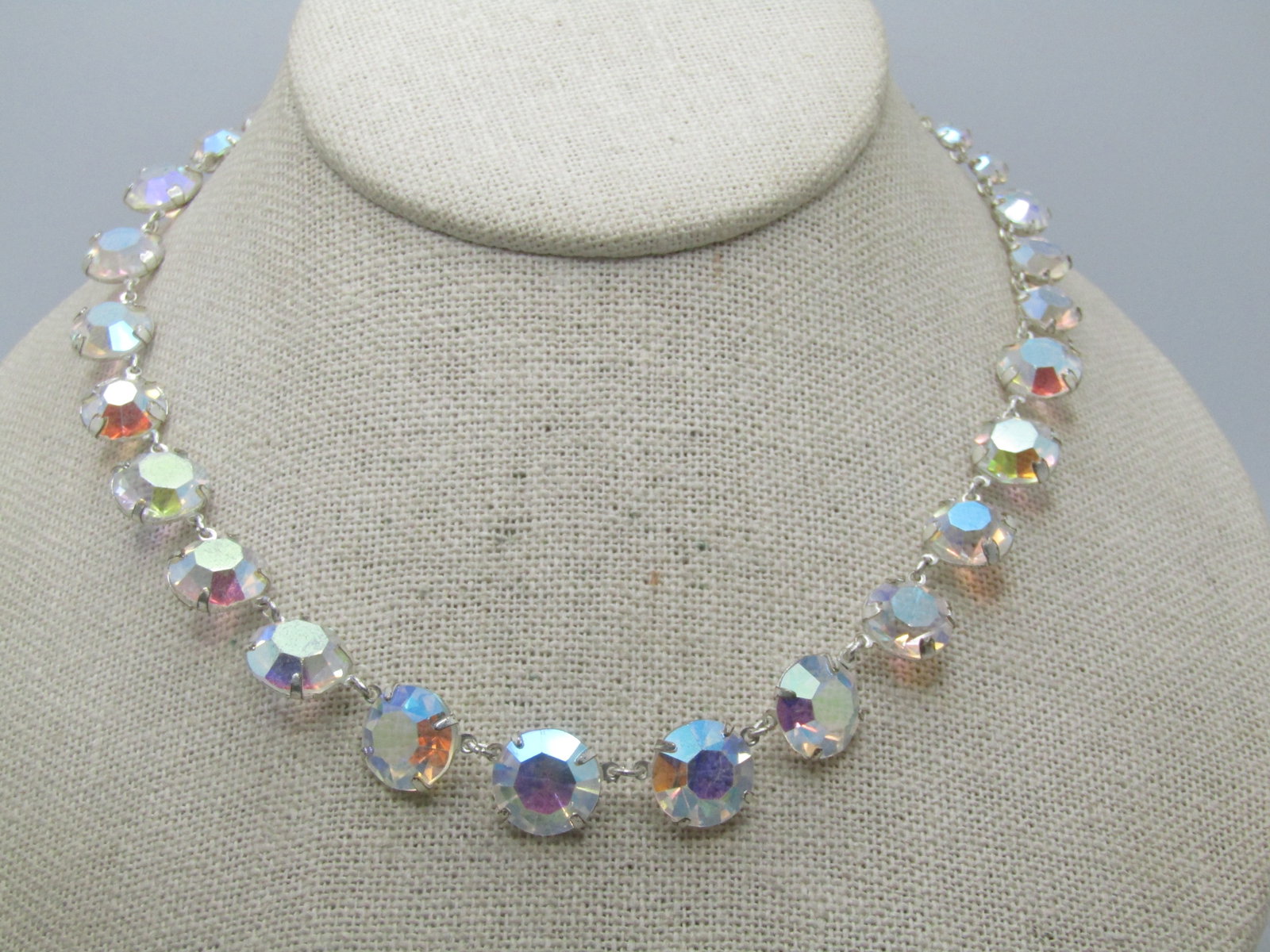 Vintage Clear Aurora Borealis Crystal Necklace, 16", 1940's-1950's, Graduated - 4