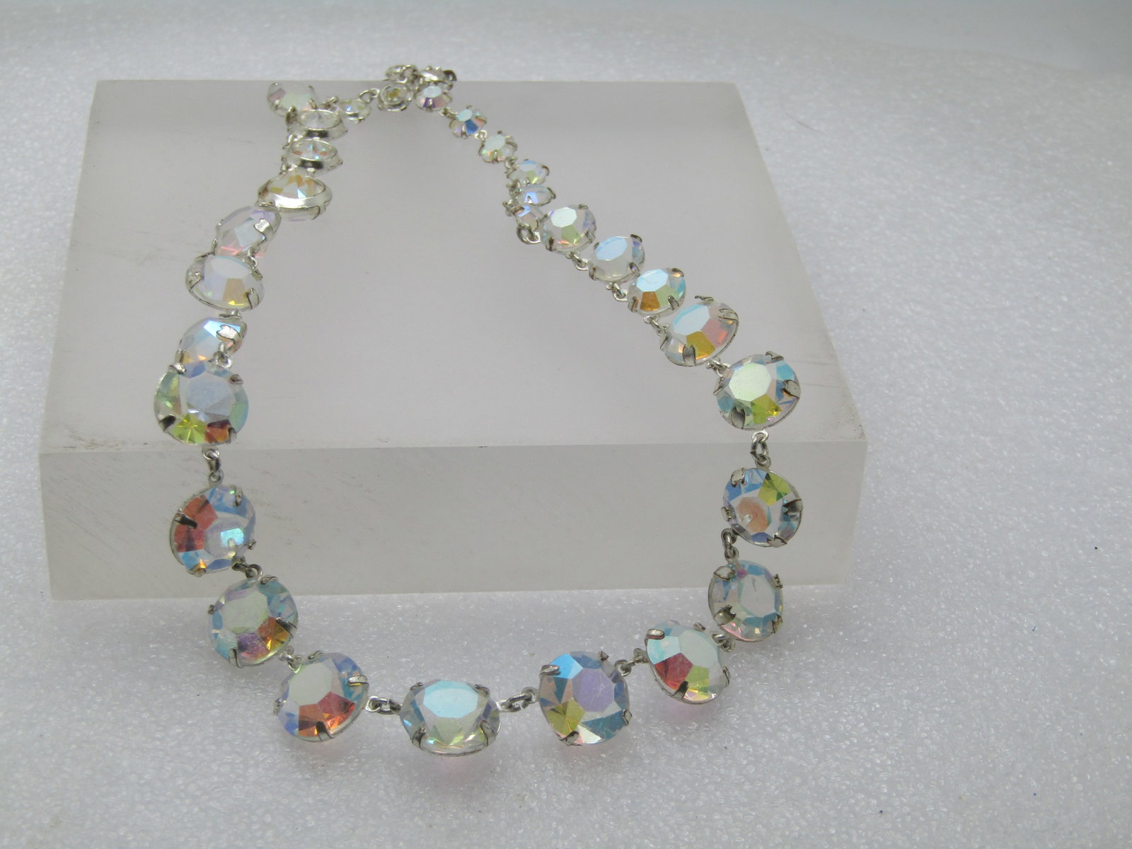 Vintage Clear Aurora Borealis Crystal Necklace, 16", 1940's-1950's, Graduated - 5