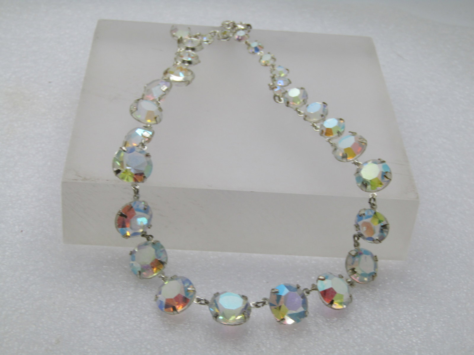 Vintage Clear Aurora Borealis Crystal Necklace, 16", 1940's-1950's, Graduated - 6
