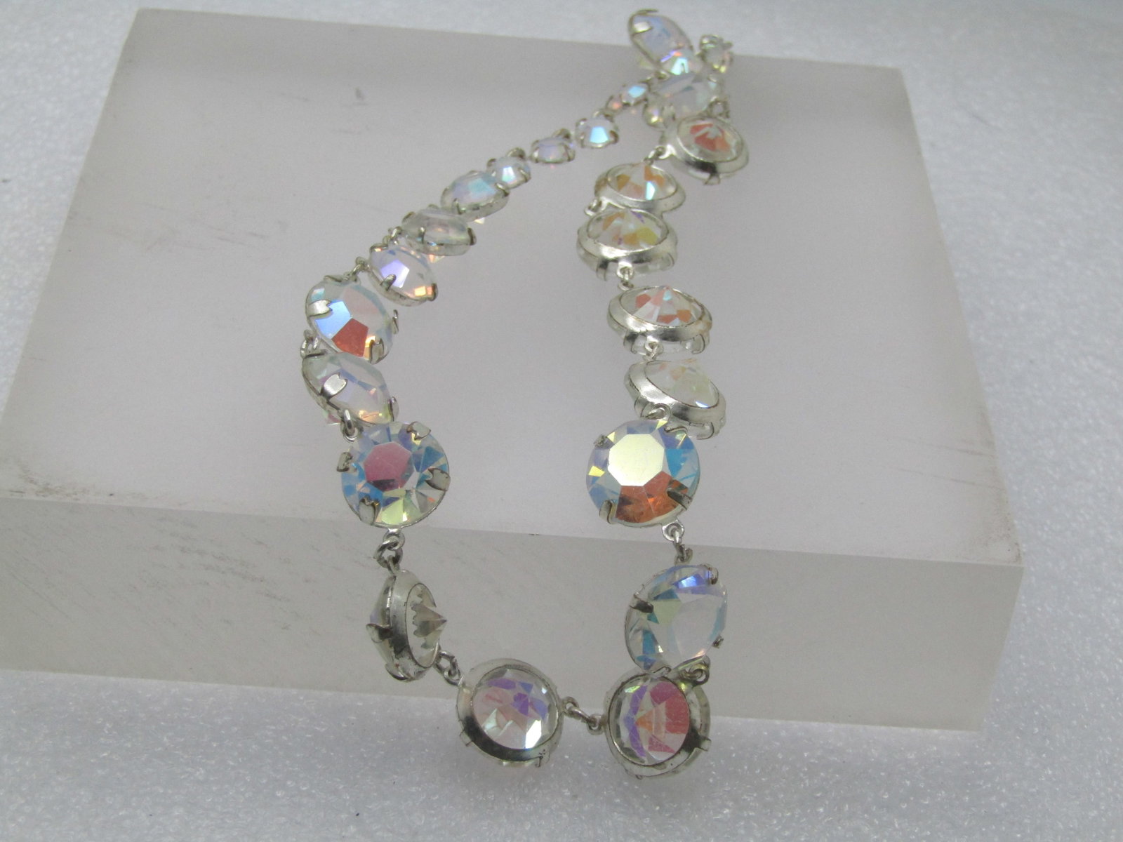 Vintage Clear Aurora Borealis Crystal Necklace, 16", 1940's-1950's, Graduated - 7