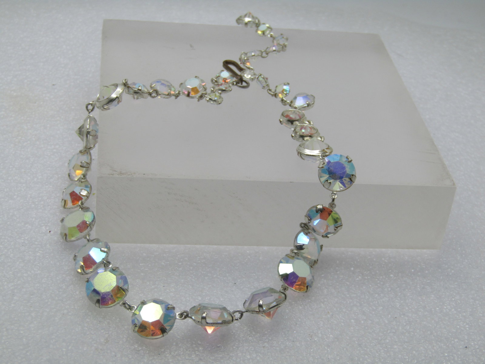Vintage Clear Aurora Borealis Crystal Necklace, 16", 1940's-1950's, Graduated - 9