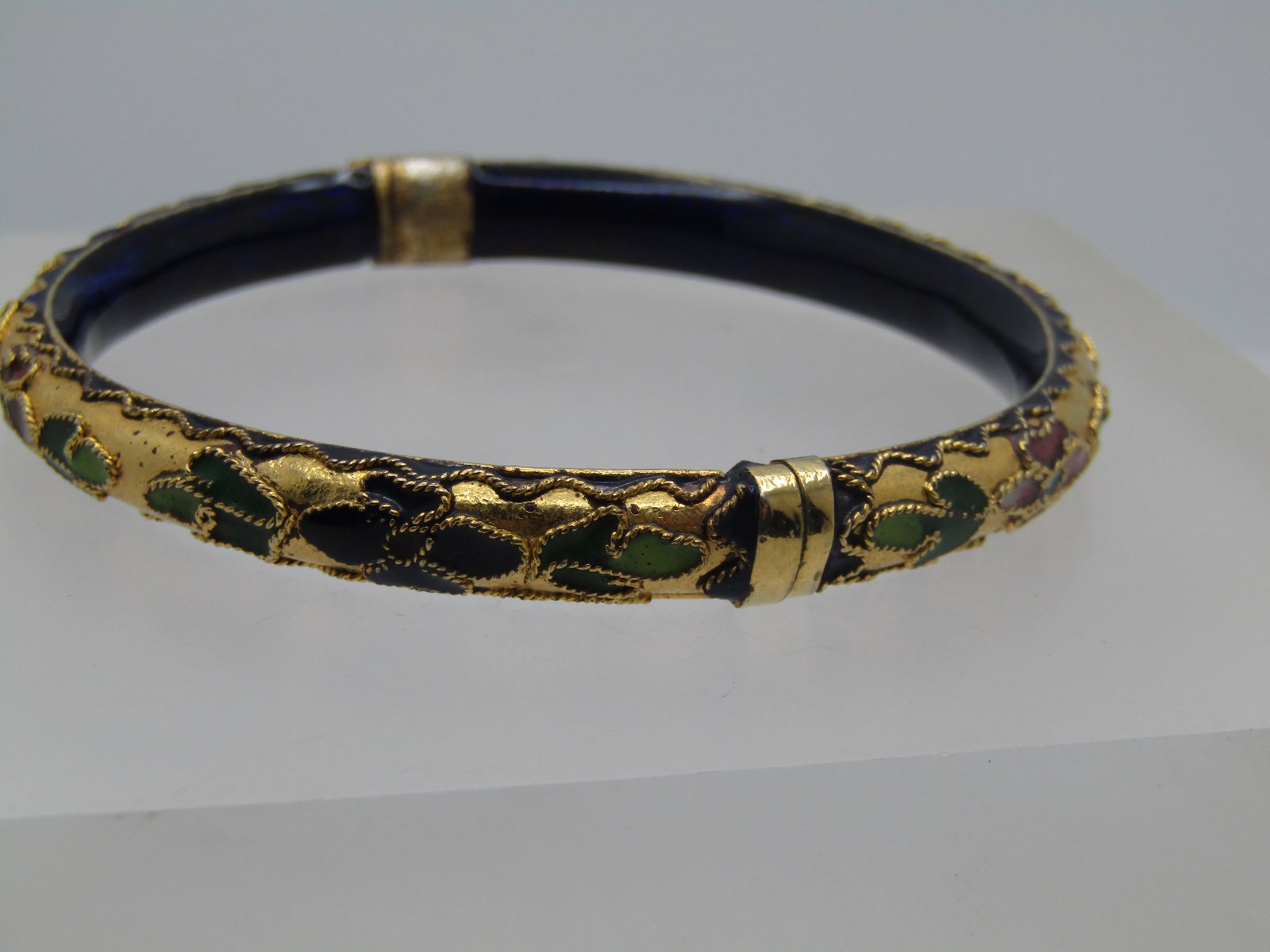 Vintage Cloisonne Hinged Bracelet, 7.25", Blue, Gold Floral, 1970's-1980's - 2