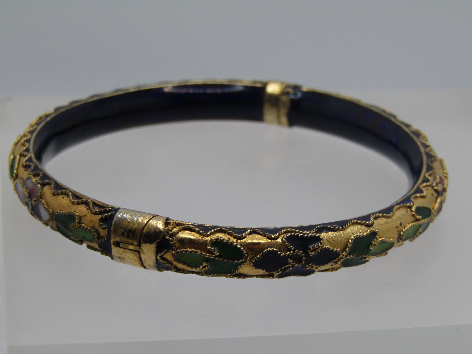 Vintage Cloisonne Hinged Bracelet, 7.25", Blue, Gold Floral, 1970's-1980's - 3