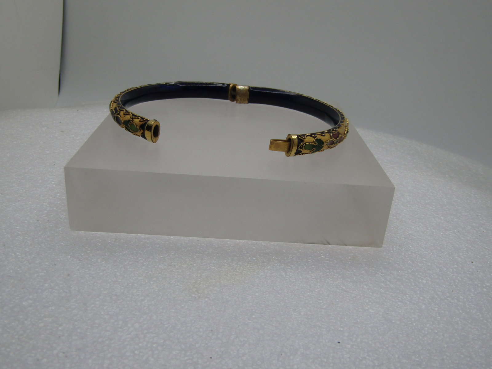 Vintage Cloisonne Hinged Bracelet, 7.25", Blue, Gold Floral, 1970's-1980's - 5